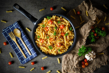Delicious Beef Pasta Fusilli on Fry Pan ( Dark Mood Photography )