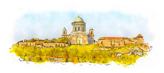 Basilica in Esztergom, Hungary, watercolor sketch illustration.