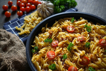 Delicious Beef Pasta Fusilli on Fry Pan ( Dark Mood Photography )