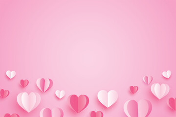 Happy valentines day with paper hearts and copy space on pink background.