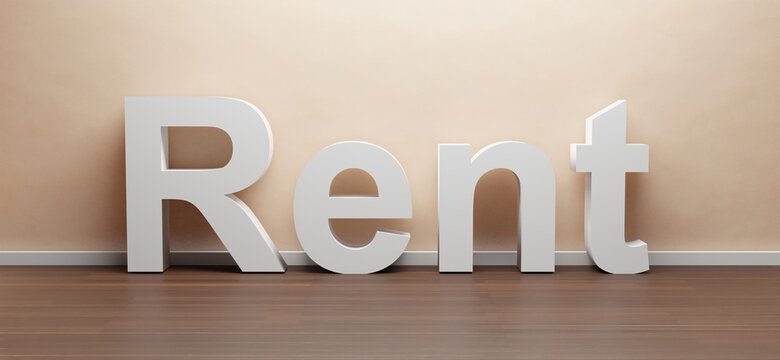 3D-illustration of the word RENT in room environment, cgi render image