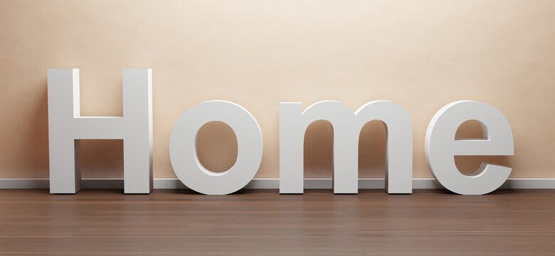 3D-illustration of the word HOME in a room, cgi render image