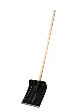 shovel for uboki on a white isolated background. plastic shovel with wooden handle
