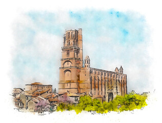 Albi Cathedral or Cathedral of Saint Cecilia of Albi, France, watercolor sketch illustration. - obrazy, fototapety, plakaty