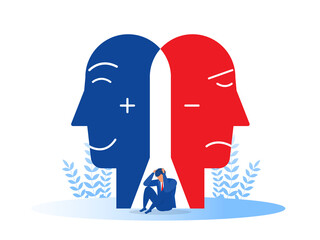 Imposter syndrome; masks with happy or sad expressions.Bipolar disorder; fake faces and emotions. Psychology; false behavior or deceiver.vector illustrator