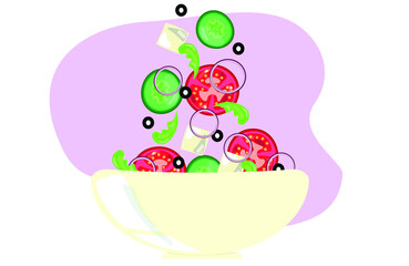 Vegetables salad with slices of feta cheese, tomatoes, olives, flying in the air to  in bowl. Vector illustration in flat design.