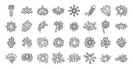 Firework icons set outline vector. New year celebrate