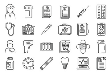 Family doctor icons set outline vector. Hospital health