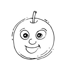 Apple laughs. Funny Face. Cheerful drawing of fruit. Hand drawing outline. Sketch Isolated on white background. Vector