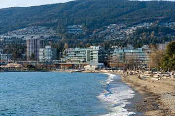 West Vancouver, BC, Canada - April 12 2021 : Ambleside Park Beach in springtime.