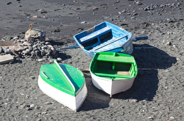 Green Lagoon at El Golfo with fishing boats on the beach, Lanzarote