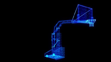 Basketball net and hoop mesh formation of 3d Model. Blue particles and lines form basketball stand. Rotating hologram. - Powered by Adobe