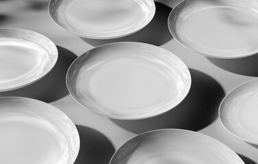 Template of a white plate isolated on a background with shadows, 3D rendering, a set of dishes.
