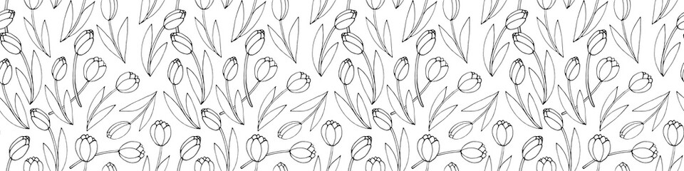 Vector seamless pattern with outline tulip flowers. Hand drawn doodle spring texture, background. For wrapping paper, textile, mother's or women's or Valentine's Day.