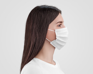 Mockup of a white surgical mask with ear loops on a nurse, medical protection, isolated on background.