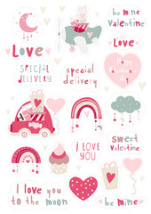 Valentines Day Sticker Set, hand cut lines. Love clipart, heart, car, sweets, romantic phrases. Vector illustration.