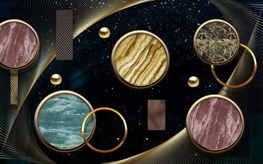Fototapety  3d illustration, multi-colored marble circles and golden rings on a background of black space