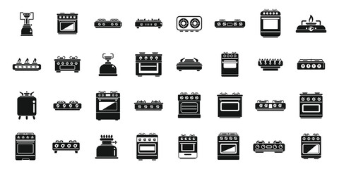 Burning gas stove icons set simple vector. Kitchen cooking