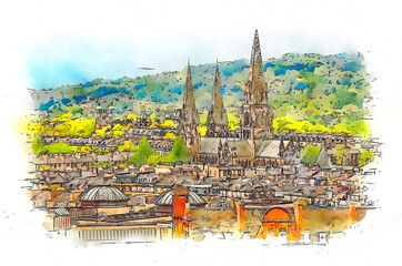 Edinburgh Skyline, Scotland, UK, watercolor sketch illustration.