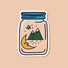 Drawn doodle jar sticker with mountains and a crescent moon inside. Isolated sticker of camping travel. Vector illustration of nature inside a glass jar.