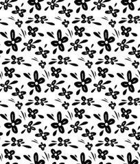 Vector monochrome seamless floral pattern with black small flowers and leaves on a white background. Natural ditsy wallpaper. Texture with floral silhouette for fabrics and wrapping paper