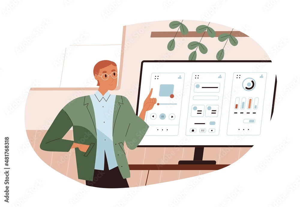 Fototapete UX UI designer work at website interface. Person at computer screen during web design development. Developer presenting online platform layout. Flat vector illustration isolated on white background