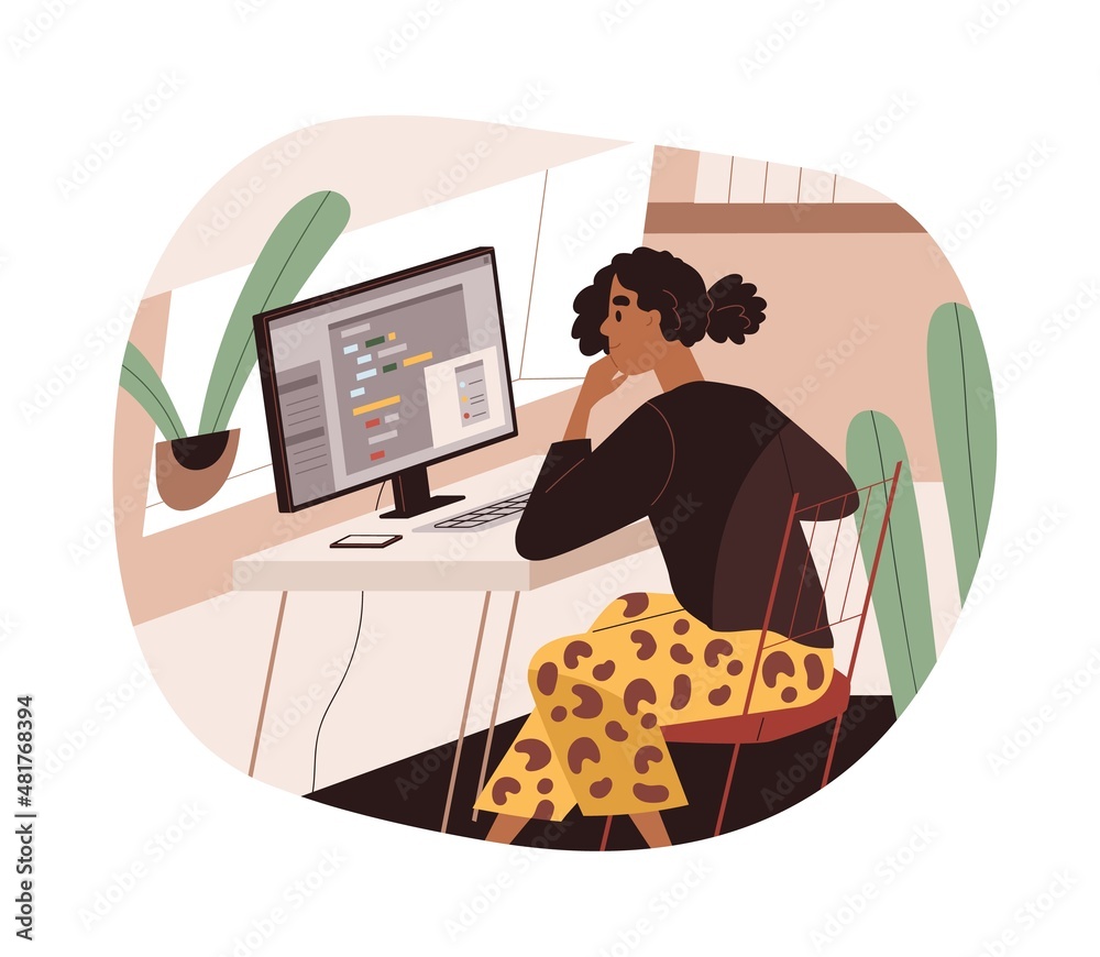 Aufkleber Person work at computer. Coder developing software at desktop. Information technology developer at desk. Web designer working with interfaces at workplace. Flat vector illustration isolated on white