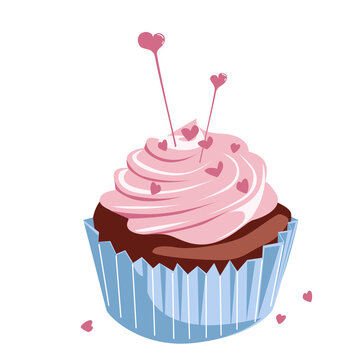 One Cupcake with pink cream and hearts for Valentine's day. Vector illustration isolated on a white background for a holiday, postcard and print