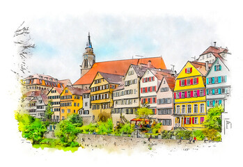 The Neckarfront is one of the most famous places and a heritage tourist attraction in Tübingen, Germany. It is an ensemble of multi storey, gabled residential buildings, watercolor sketch illustration