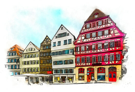 Market Square in Tübingen, Germany, colorful facades of old historic houses, watercolor sketch illustration.