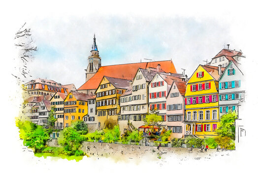 The Neckarfront is one of the most famous places and a heritage tourist attraction in T&uuml;bingen, Germany. It is an ensemble of multi storey, gabled residential buildings, watercolor sketch illustration