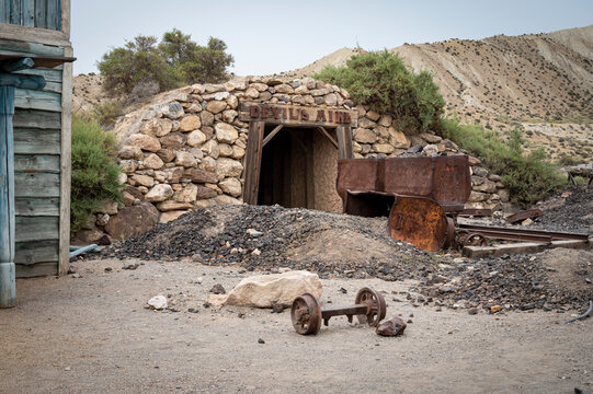 Rusty wagon in the old abandoned gold mine in the old west