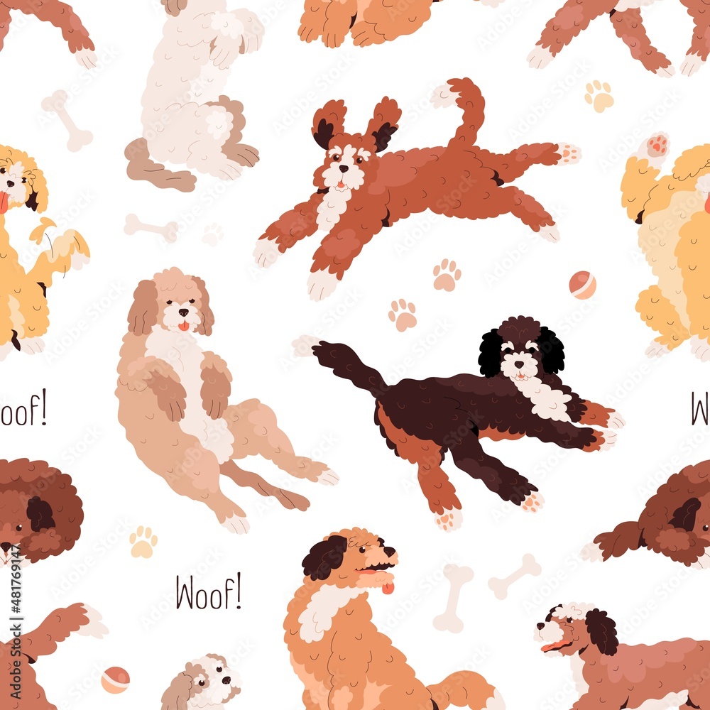 Aufkleber cute dogs pattern. seamless background with canine animals print. repeating texture with labradoodle