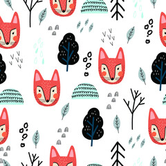 Cute seamless pattern with fox in minimal scandinavian style. - 481769123