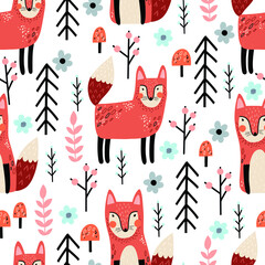 Cute seamless pattern with fox in minimal scandinavian style. - 481769124