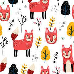 Cute seamless pattern with fox in minimal scandinavian style. - 481769125