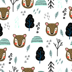 Cute seamless pattern with bear in minimal scandinavian style - 481769126