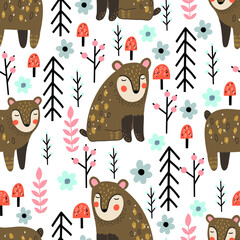 Cute seamless pattern with bear in minimal scandinavian style - 481769127