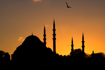 Mosque at sunset. Silhouette of Suleymaniye Mosque in Istanbul