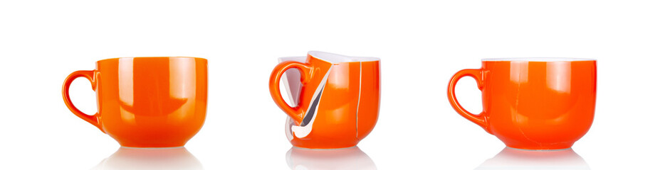 Concept of no return. Whole orange cup, broken cup and glued together isolated on white