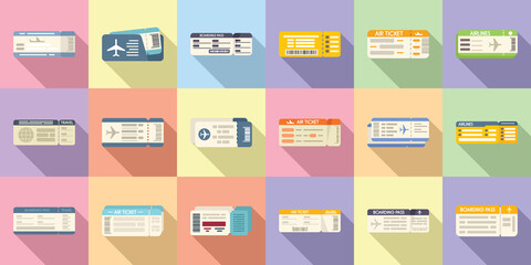 Airline tickets icons set flat vector. Travel trip