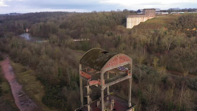 Aerial view on a abonded steeel factory on the orne in normandy