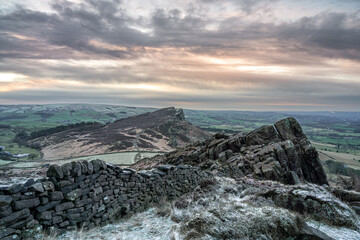 Panoramic view from The Roaches. Winter sunrise in the Peak District National Park.