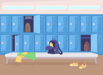 School changing room flat color vector illustration. Preparing stuff before sports class. Wardrobe area. College dressing space 2D cartoon interior with private storage shelves on background