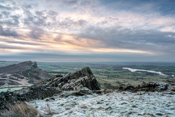 Panoramic view from The Roaches. Winter sunrise in the Peak District National Park.