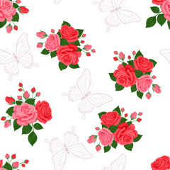 Roses flowers and butterflies seamless pattern. Floral background. Bouquets of red and pink flowers on white. Vector cartoon flat illustration.