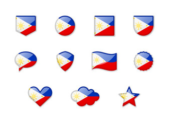 Philippines - set of shiny flags of different shapes.