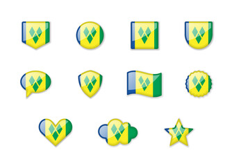 Saint Vincent and the Grenadines - set of shiny flags of different shapes.
