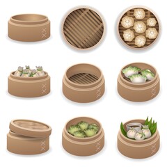 Steamer icons set cartoon vector. Chinese appliances