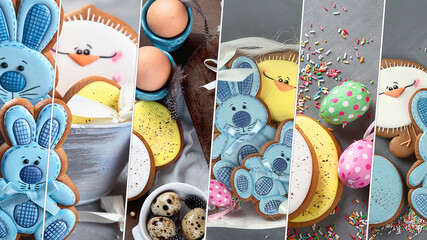 Collage made of Easter cookies on wooden background.